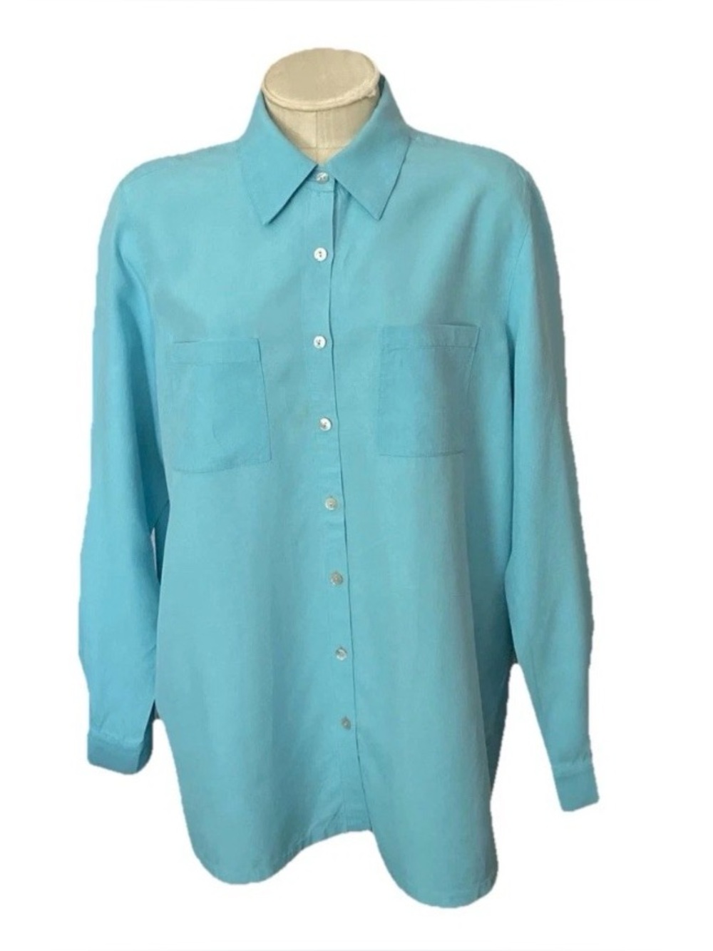Tommy Bahama VTG 90s Wom L 44” Bust Turquoise Blue Silk Blouse Abelone Buttons